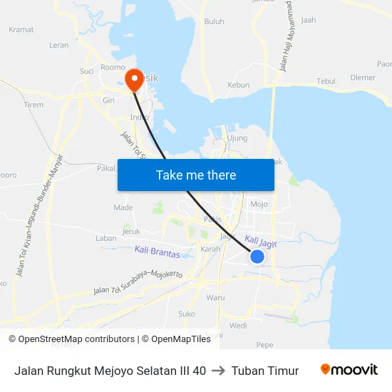 Jalan Rungkut Mejoyo Selatan III 40 to Tuban Timur map