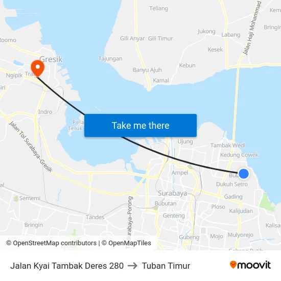 Jalan Kyai Tambak Deres 280 to Tuban Timur map