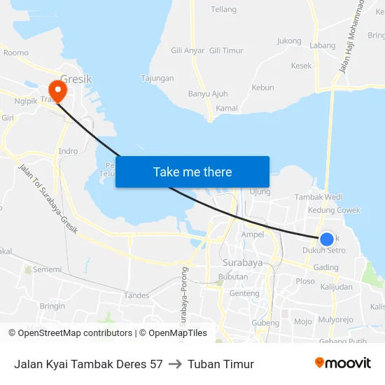 Jalan Kyai Tambak Deres 57 to Tuban Timur map