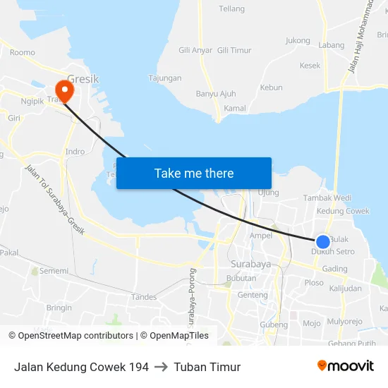 Jalan Kedung Cowek 194 to Tuban Timur map