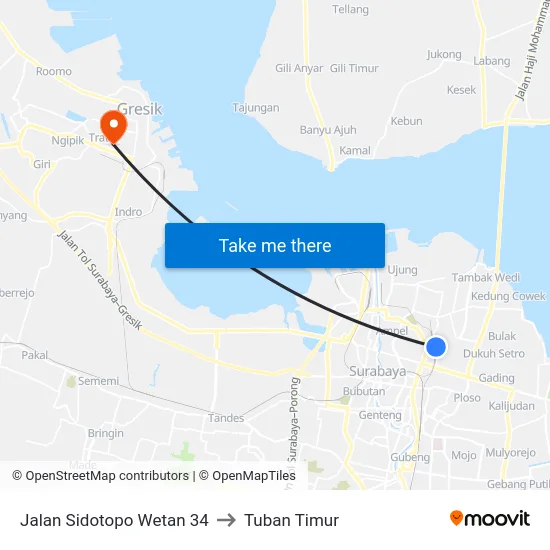 Jalan Sidotopo Wetan 34 to Tuban Timur map