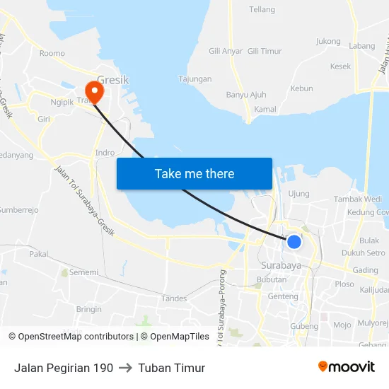 Jalan Pegirian 190 to Tuban Timur map