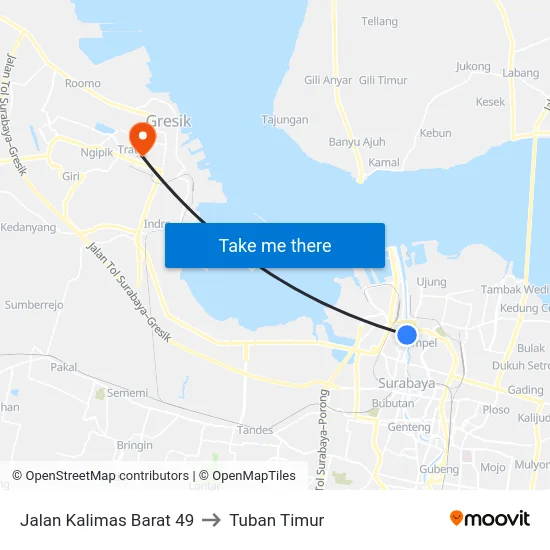 Jalan Kalimas Barat 49 to Tuban Timur map