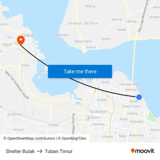 Shelter Bulak to Tuban Timur map