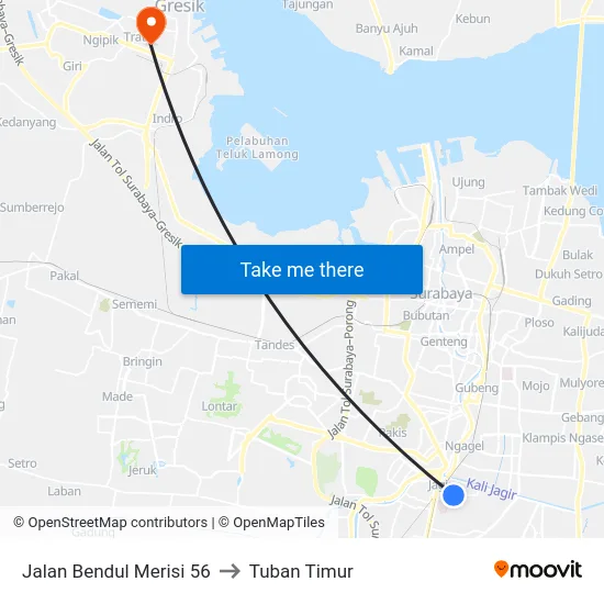 Jalan Bendul Merisi 56 to Tuban Timur map