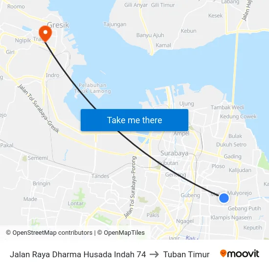 Jalan Raya Dharma Husada Indah 74 to Tuban Timur map