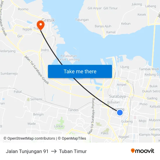 Jalan Tunjungan 91 to Tuban Timur map