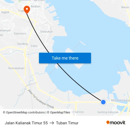 Jalan Kalianak Timur 55 to Tuban Timur map