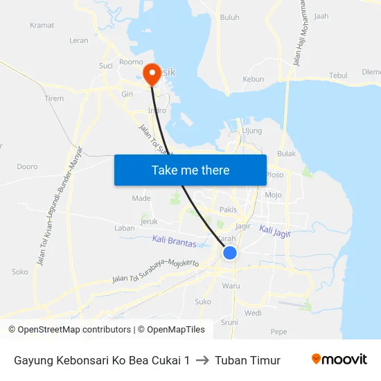 Gayung Kebonsari Ko Bea Cukai 1 to Tuban Timur map