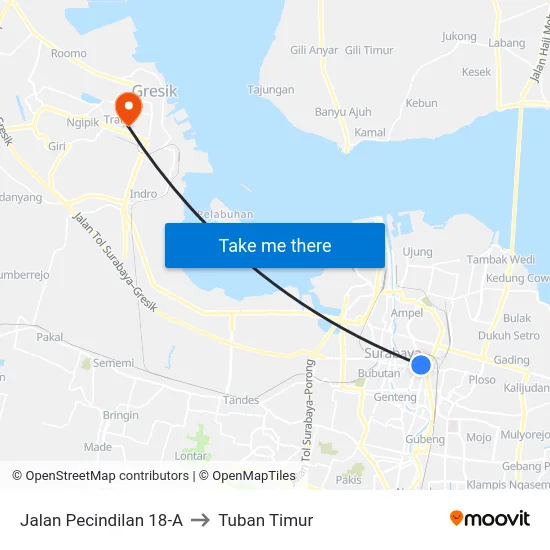 Jalan Pecindilan 18-A to Tuban Timur map