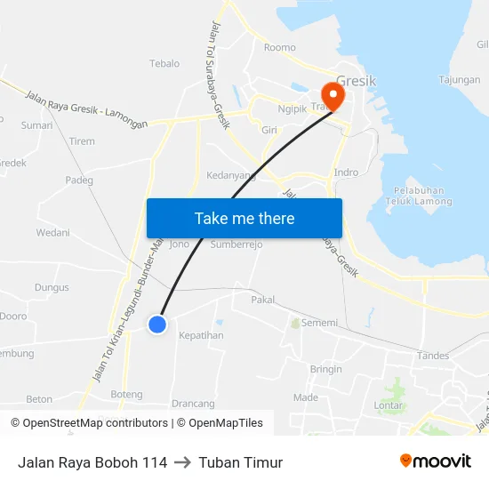 Jalan Raya Boboh 114 to Tuban Timur map
