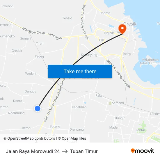 Jalan Raya Morowudi 24 to Tuban Timur map