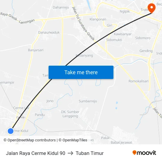 Jalan Raya Cerme Kidul 90 to Tuban Timur map