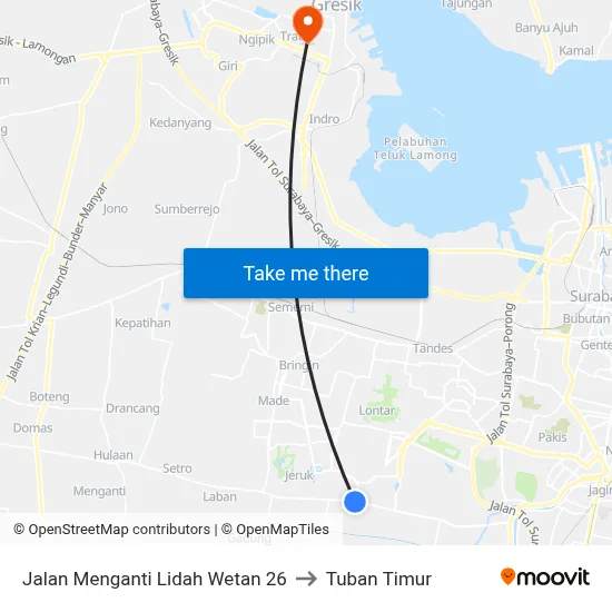 Jalan Menganti Lidah Wetan 26 to Tuban Timur map