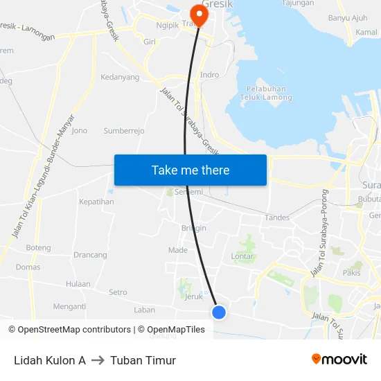 Lidah Kulon A to Tuban Timur map