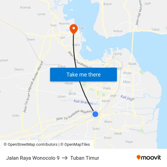 Jalan Raya Wonocolo 9 to Tuban Timur map
