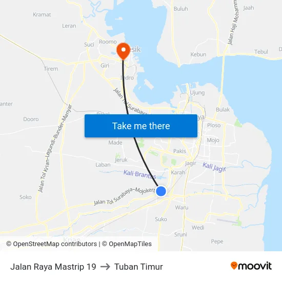 Jalan Raya Mastrip 19 to Tuban Timur map