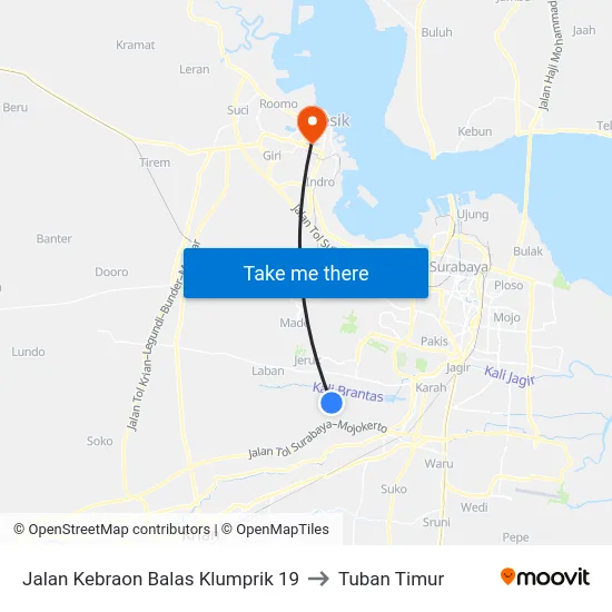 Jalan Kebraon Balas Klumprik 19 to Tuban Timur map