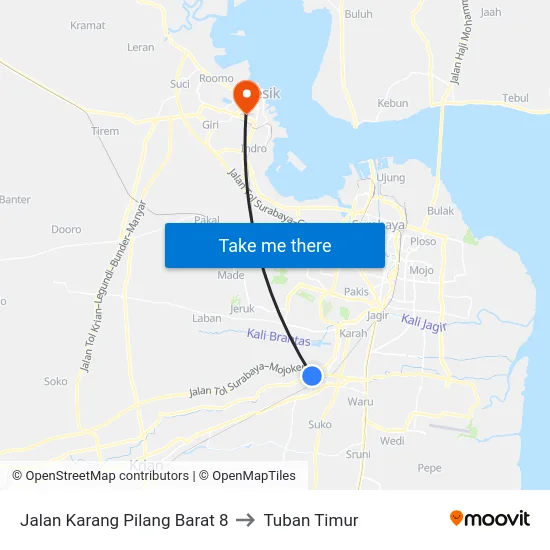 Jalan Karang Pilang Barat 8 to Tuban Timur map
