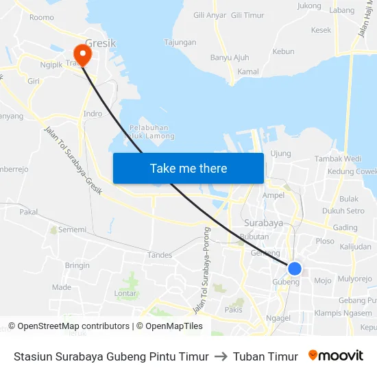 Stasiun Surabaya Gubeng Pintu Timur to Tuban Timur map