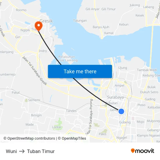 Wuni to Tuban Timur map