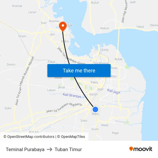 Teminal Purabaya to Tuban Timur map