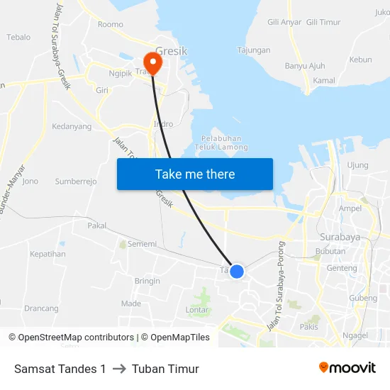 Samsat Tandes 1 to Tuban Timur map