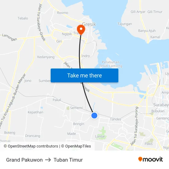 Grand Pakuwon to Tuban Timur map