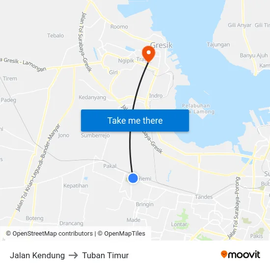 Jalan Kendung to Tuban Timur map