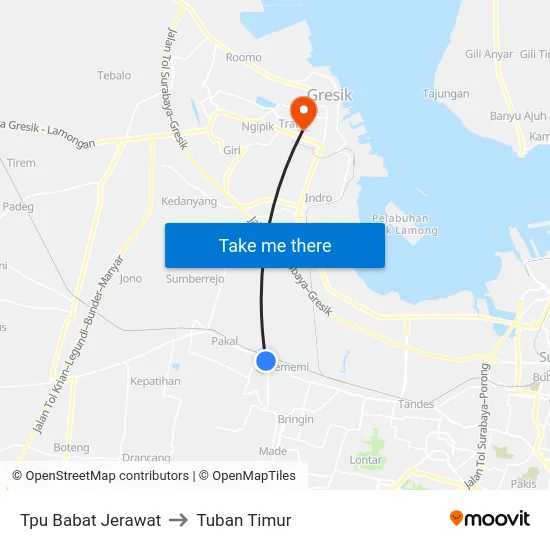 Tpu Babat Jerawat to Tuban Timur map
