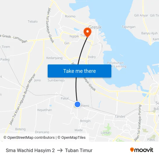 Sma Wachid Hasyim 2 to Tuban Timur map