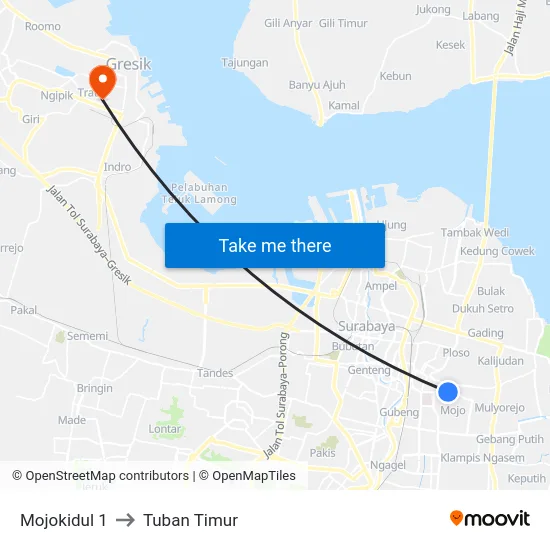 Mojokidul 1 to Tuban Timur map