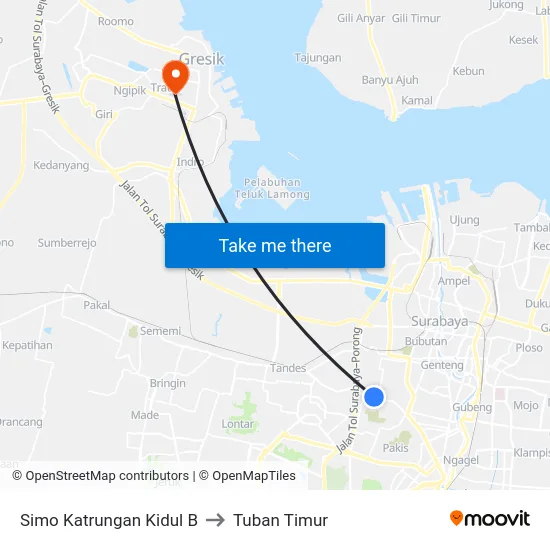 Simo Katrungan Kidul B to Tuban Timur map