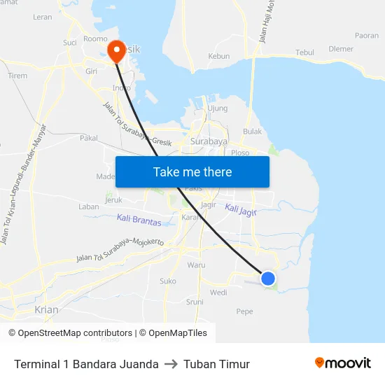 Terminal 1 Bandara Juanda to Tuban Timur map