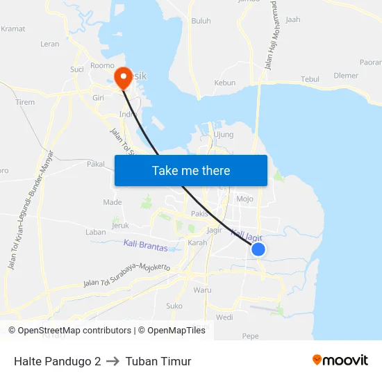 Halte Pandugo 2 to Tuban Timur map