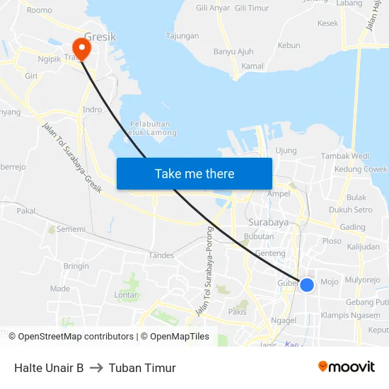 Halte Unair B to Tuban Timur map