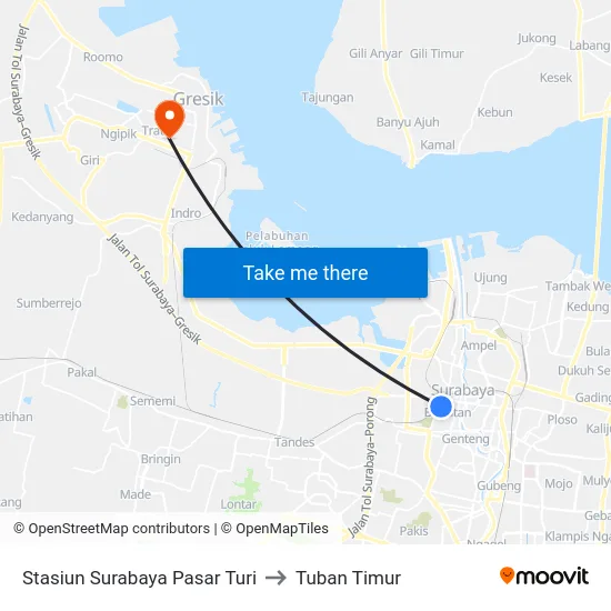 Stasiun Surabaya Pasar Turi to Tuban Timur map