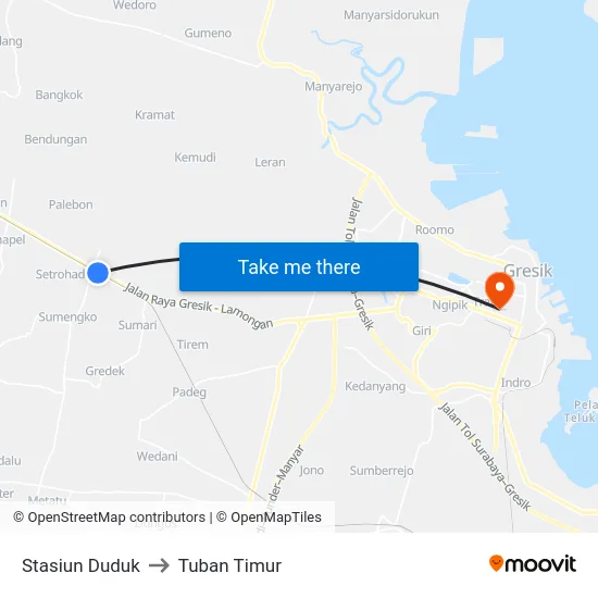 Stasiun Duduk to Tuban Timur map