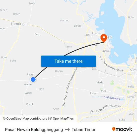 Pasar Hewan Balongpanggang to Tuban Timur map