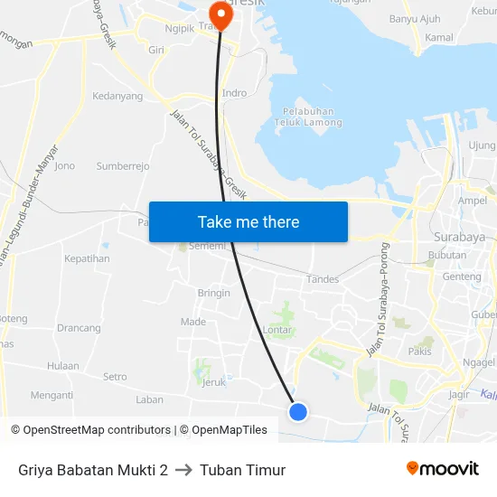 Griya Babatan Mukti 2 to Tuban Timur map