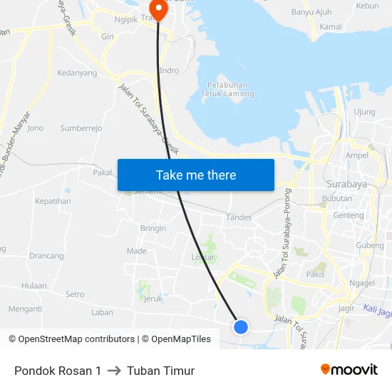 Pondok Rosan 1 to Tuban Timur map