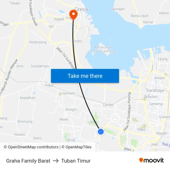 Graha Family Barat to Tuban Timur map