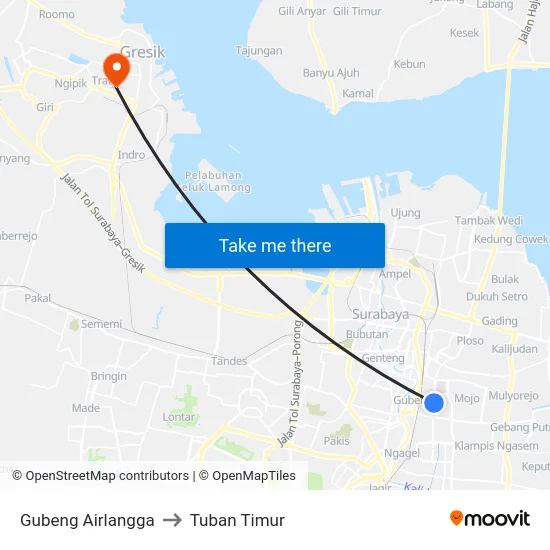 Gubeng Airlangga to Tuban Timur map