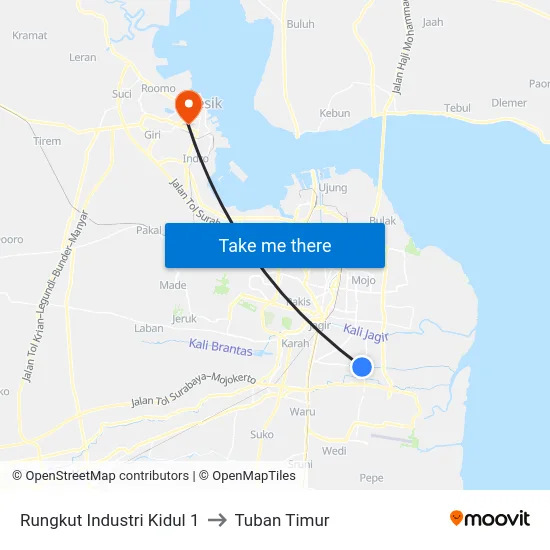 Rungkut Industri Kidul 1 to Tuban Timur map