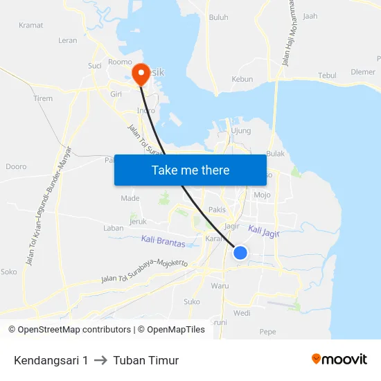 Kendangsari 1 to Tuban Timur map