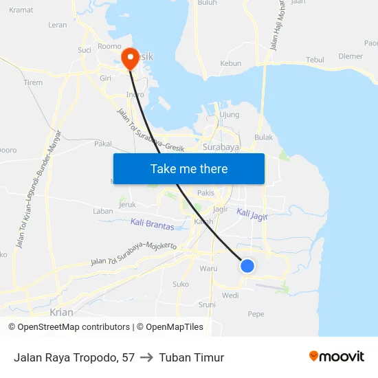 Jalan Raya Tropodo, 57 to Tuban Timur map