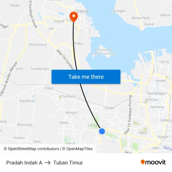 Pradah Indah A to Tuban Timur map