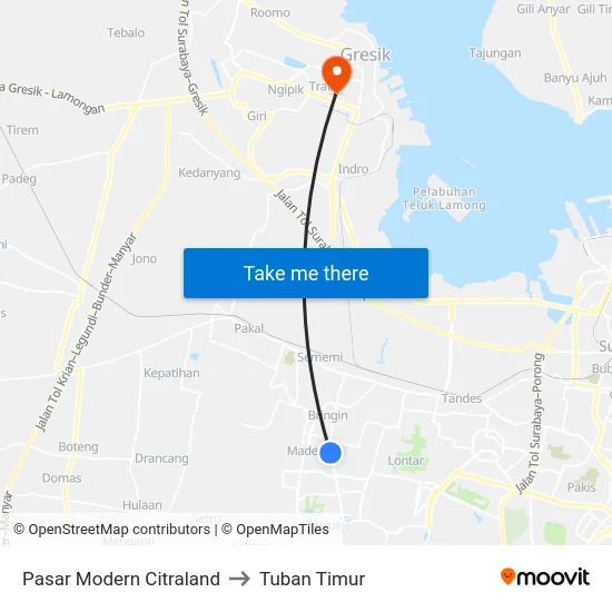 Pasar Modern Citraland to Tuban Timur map
