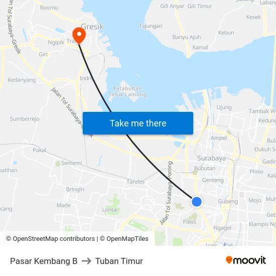 Pasar Kembang B to Tuban Timur map