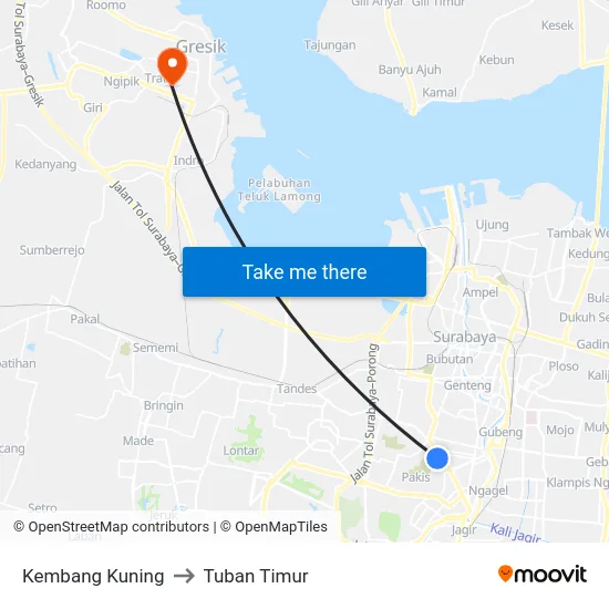Kembang Kuning to Tuban Timur map